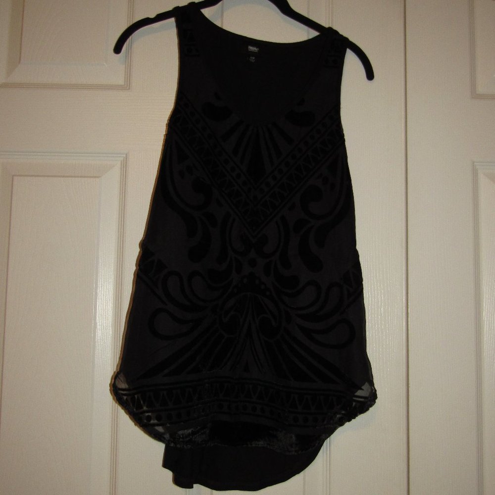 Mossimo XS Black Stretchy/Flowy Tank w/Design Overlay